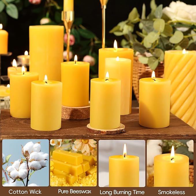 8 Packs Natural Beeswax Pillar Candles, 2x3in Organic Pillar Candles-256 Hours Pure Beeswax Candles Long Burning Time Smokeless Dripless Bees Wax Candle for Home Paryer Relax