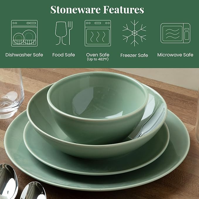 Larder & Vine Ceramic Stoneware Dinnerware 16-Piece Set, 4 Place Settings (Sage)