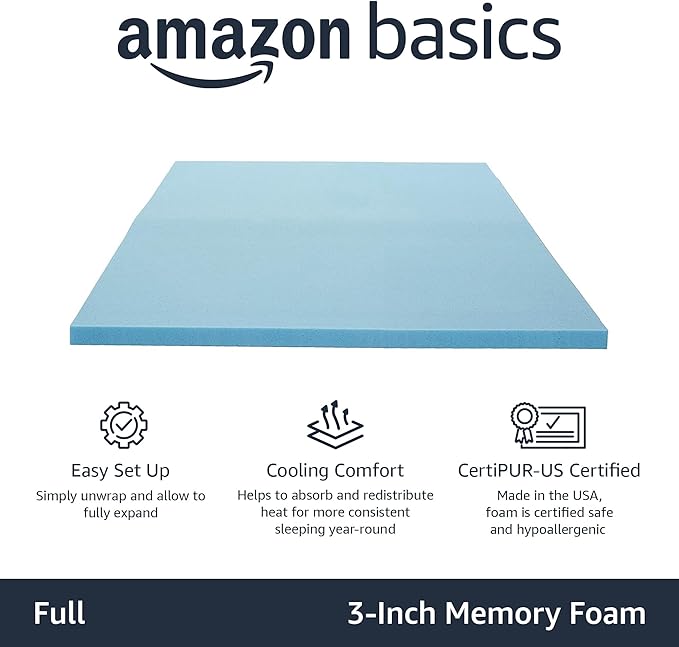 Amazon Basics Full Mattress Topper, Cooling Gel-Infused, CertiPUR-US Certified, 3 Inches, Blue