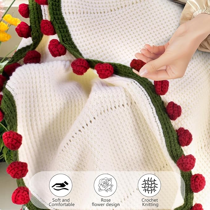 51" Handmade Crochet Rose Flower Bouquet Blanket, Soft Chunky Knit Throw Blanket for Sofa Couch Bed, Christmas Birthday Gifts for Her Wife Girlfriend Mom Grandma, Women Decorative Giftable Blankets