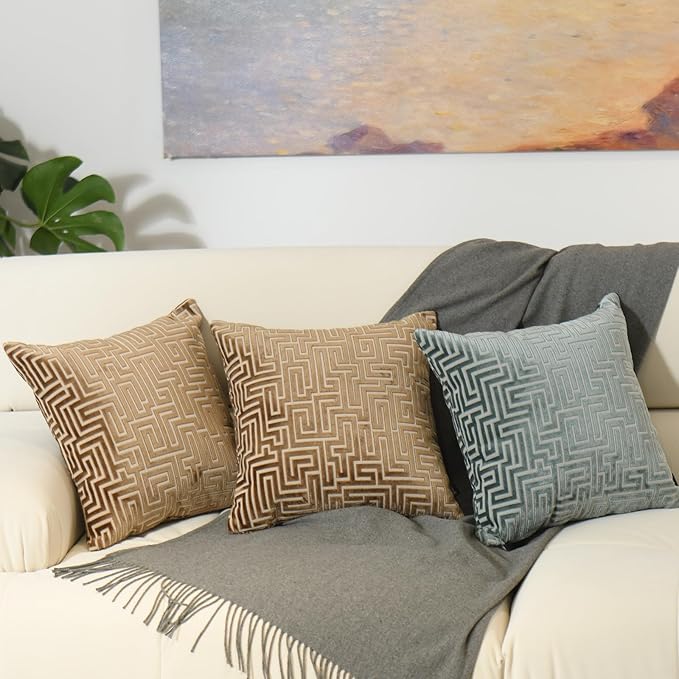HPUK Geo Cut Velvet Throw Pillow Covers Pack of 2, 18x18 Inch Accent Cushion Covers for Living Room, Bedroom, Decorative Pillow Covers for Couch, Sofa, Chair, Brown