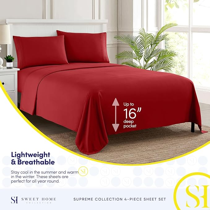 Twin XL Sheets - Breathable Luxury Sheets with Full Elastic & Secure Corner Straps Built In - 1800 Supreme Collection Extra Soft Deep Pocket Bedding Set, Sheet Set, Twin XL, Red