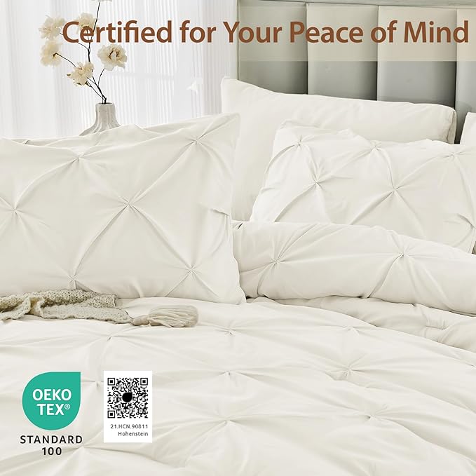 Sasttie Twin Comforter Set, 5-Piece Bed in a Bag, Pintuck Bedding Sets for All Season, Includes Comforter, Flat Sheet, Fitted Sheet, Pillowcase and Pillowsham, Ivory