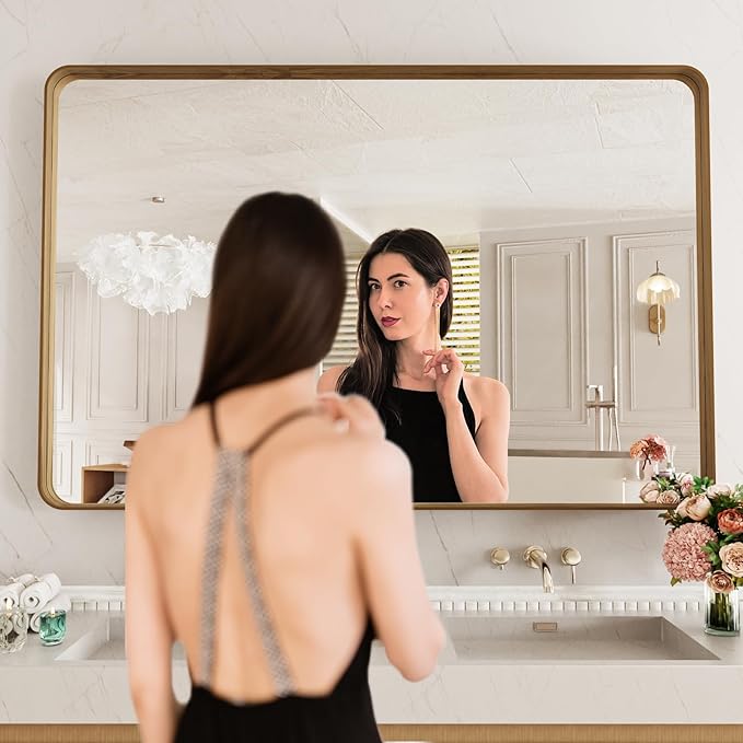 LOAAO 50X30 Inch Bathroom Mirror with Wood Grain Colored Metal Frame, Rounded Rectangle Metal Framed Bathroom Mirror, Anti-Rust, Hangs Horizontally or Vertically, Tempered Glass