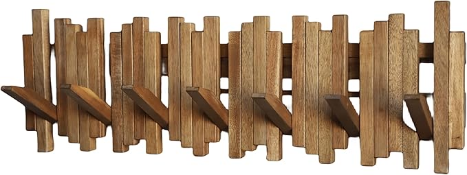 Natural Wood Wall Mounted Piano Coat Rack| Coat Rack Wall Mount| Flip Down Wall Hook Rack 7 Hooks| Entryway Wall Art Hook,Made of Acacia Wood (Wood Wax Oil staining Light Brown).