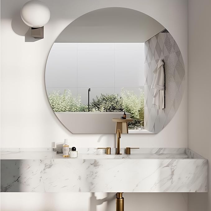 Half Moon Bathroom Mirror 32", Modern Frameless Wall Mirror, Hanging Decorative Vanity Mirror, Minimalist Explosion Proof Semi Circle Mirror for Living Room Bedroom Entryway, Down Cut