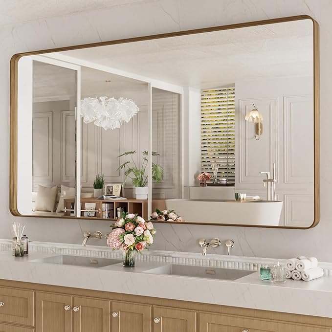 LOAAO 72X36 Inch Bathroom Mirror with Wood Grain Colored Metal Frame, Rounded Rectangle Metal Framed Bathroom Mirror, Anti-Rust, Hangs Horizontally or Vertically, Tempered Glass