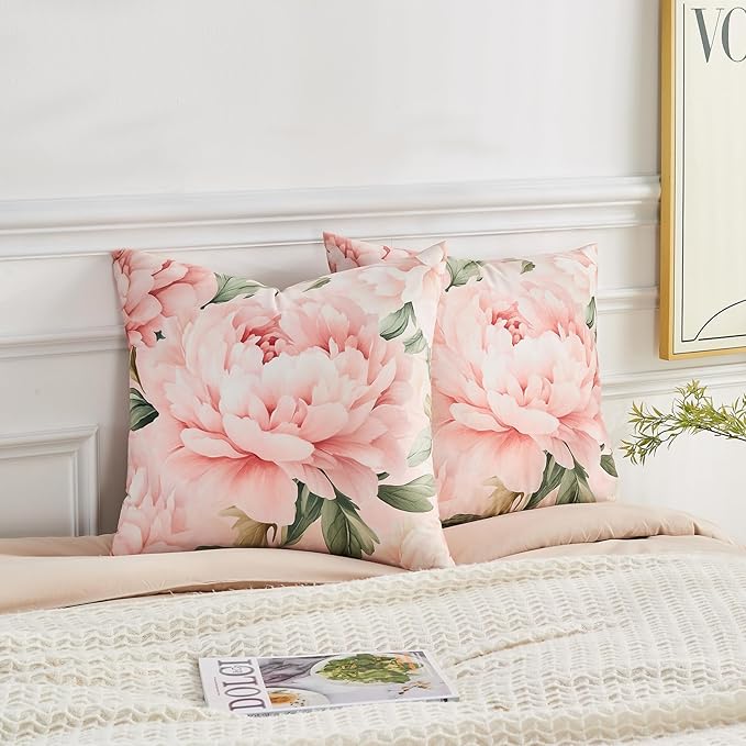 Pink Floral Throw Pillow Covers 18x18 Set of 2, Decorative Peony Flower Cushion Cases, Soft Holland Velvet Cushion Covers for Farmhouse Sofa Couch Bed Home Decor