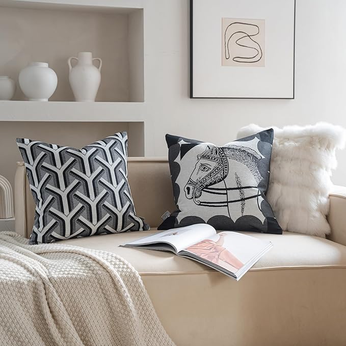 Premium Throw Pillow Covers 22x22 Inches - Black Elegance Palace Horse Chenille Jacquard Embroidery Decorative Couch Pillow Covers for Living Room Bedroom Sofa Home Décor