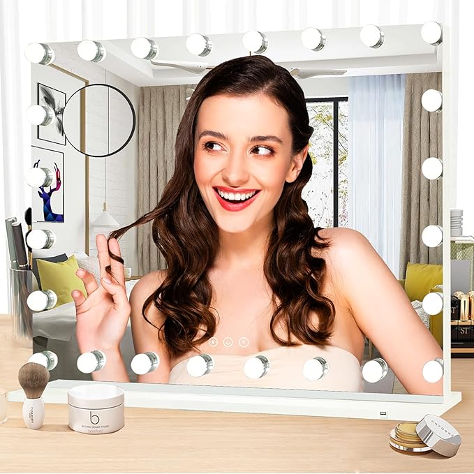 Hollywood Vanity Mirror with Lights 24 Bulbs 32 x 24 Large Hollywood Makeup Lighted Mirror for Wall Mounted or Tabletop LED Vanity Mirror 3 Color USB 10X Magnifier Hollywood Makeup Mirrors