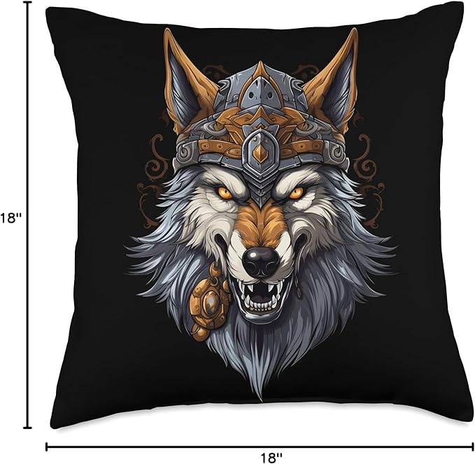 Vikings Scandinavian Wolf Lover Wolf Wearing Viking Helmet Nordic Norse Mythology Norwegian Throw Pillow, 18x18, Multicolor