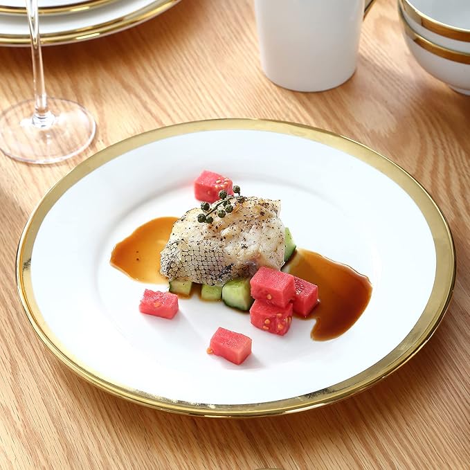 Luxury Dinner Plates, Set of 6, 10 inch, Elegant White Porcelain Plates with Gold Trim, Appetizer Plates, White Plate Set.