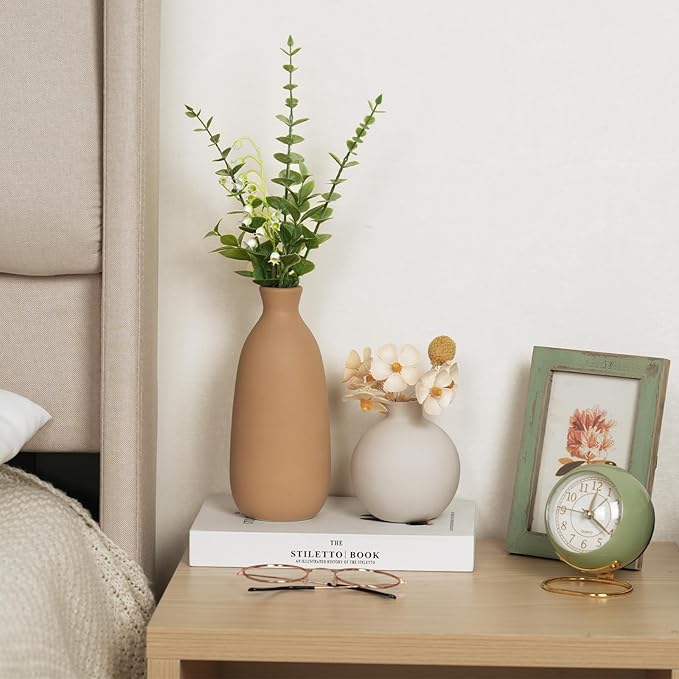 CUCUMI Ceramic Vase Set of 5, Vases Home Decor Rustic Farmhouse Decorative Vase Pottery Vases for Bouquet Pampas Grass Dried Fresh Flowers, Table Living Room Kitchen Bedroom Bathroom
