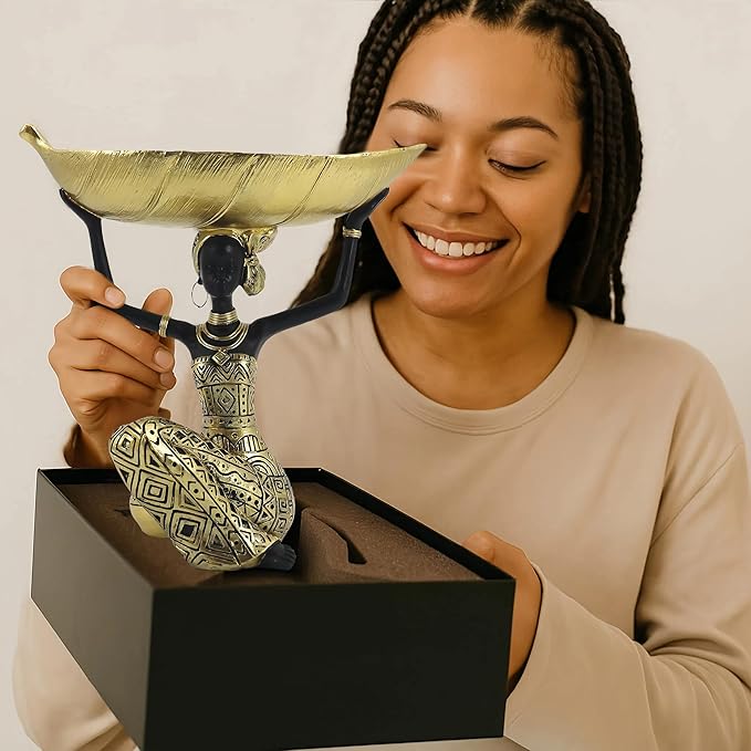 African Woman Resin Statue Holding Leaf Bowl – Golden Tribal Kneeling Figurine for Jewelry Tray, Snack Holder, Home Shelf Decor