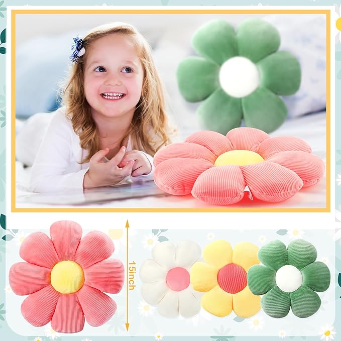 Coume 4 Pcs Flower Pillows 15" Cute Plush Flower Throw Pillows Daisy Floor Seat Cushion for Bed Sofa Couch Chair Classroom Corner Office Christmas Room Decor(Bright Colors)