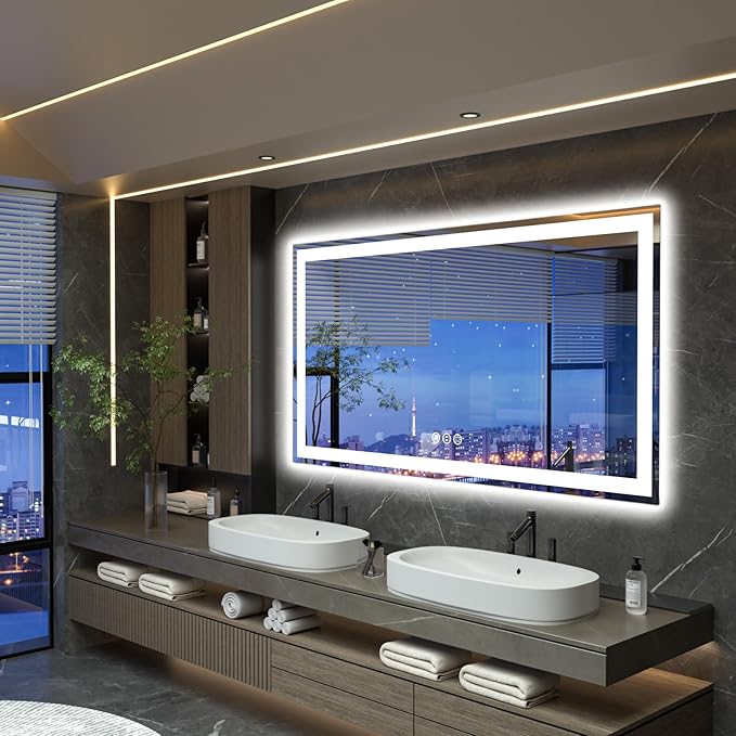 55"x 30" LED Bathroom Mirror with Lights, Double Lighting Sources Dimmable, Anti-Fog Vanity Mirror with Lights, Lighted Bathroom Vanity Mirror for Wall Tempered Glass (Horizontal/Vertical)