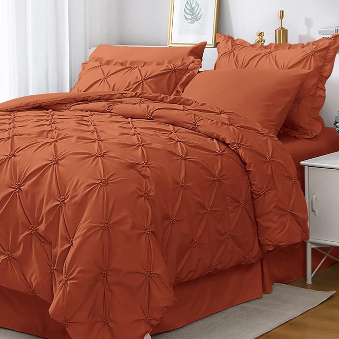 JOLLYVOGUE Burnt Orange Twin Size Comforter Sets 5 Pieces, Pintuck Bed in a Bag Comforter Set for Bedroom, Bedding Comforter Sets with Comforter, Sheets,Ruffled Shams & Pillowcases