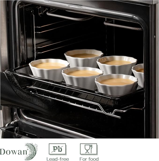 DOWAN Ramekins 8 oz Oven Safe, Creme Brulee Porcelain Ramekins for Baking, Flower-Shaped Custard Cups, Condiments Cups, Souffle Dish, Dipping Bowls, Set of 6, Soft White