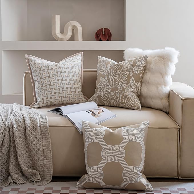 Premium Throw Pillow Covers 20x20 Inches - Framed Oatmeal Woven Whisper Grid Chenille Jacquard Embroidery Decorative Couch Pillow Covers for Living Room Bedroom Sofa