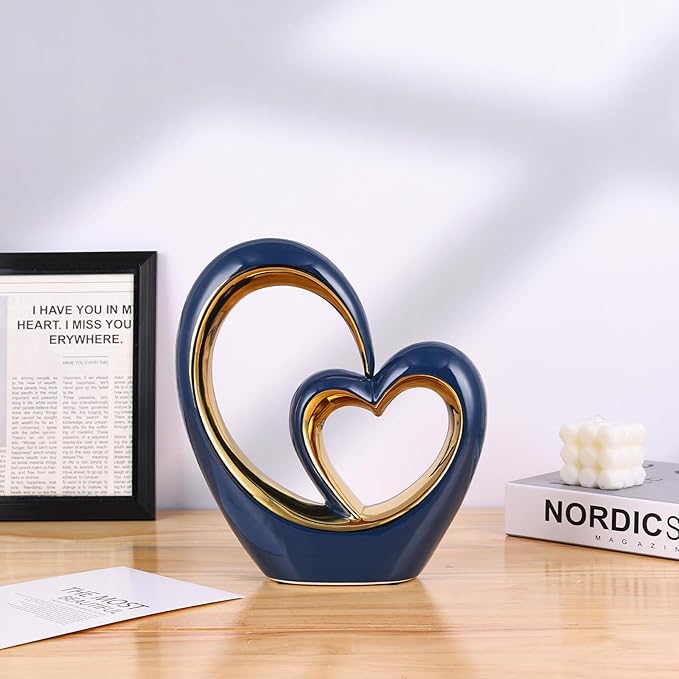 LCCCK Porcelain Double Heart Decor,Blue and Gold Sculpture Home Decor for Living Room Entryway Coffee Dining Table Shelves, Wedding Anniversary, Valentine's Gift for Couples & Lovers Modern