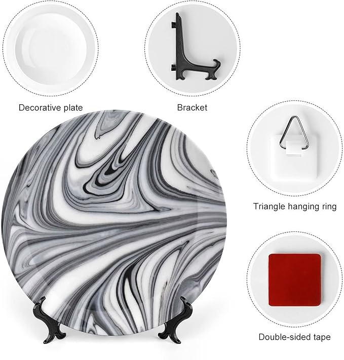 7 Inch Decorative Plate,Marble Dinner Plate, Mix of White and Black Hallucinatory Marbling Print Ornament Display Plate for Dining Table Setting, Wedding Reception Decorations, Christmas Tablescape