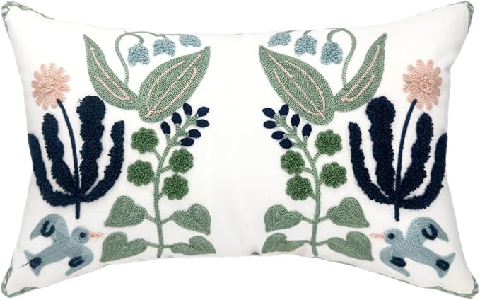 Alysheer Floral Embroidered Summer Lumbar Decorative Throw Pillow Cover 12"x 20", Farmhouse Cottage Navy Blue Green Flowers Leaves Patterned Cotton Canvas Cushion Case for Sofa Couch Bed Living Room
