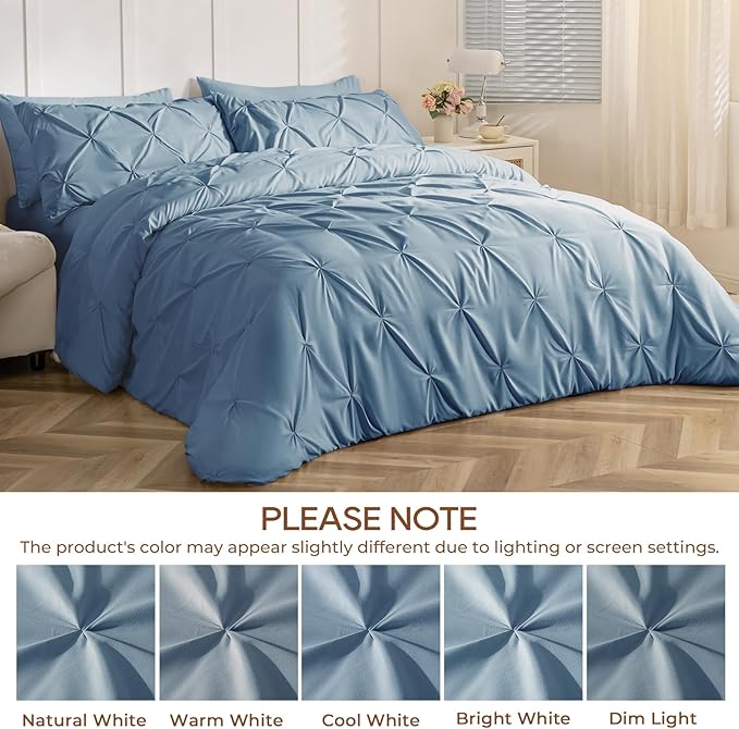 Sasttie King Size Comforter Set, 7-Piece Bed in a Bag, Pintuck Bedding Set for All Season, Includes Comforter, Flat Sheet, Fitted Sheet, Pillowcases and Pillowshams, Slate Blue
