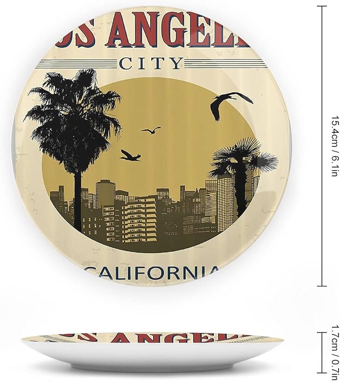 XISUNYA 6 Inch Decorative Plate, Vintage Tableware Plate, Los Angeles City from California Birds Vacation Journey Design Print Ceramic Wall Hanging for Home Office Party Dinner Table Decor