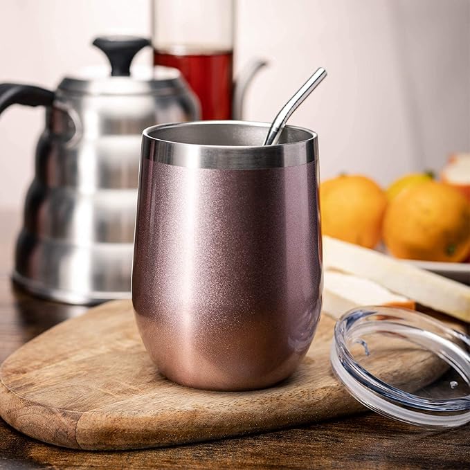 COMOOO 12oz Wine Tumbler with Lid and Straw, Insulated Wine Tumbler Cup, Stainless Steel Wine Glass Tumbler Stemless for Hot and Cold Drinks,Champagne,Cocktails, For Women, Rose gold