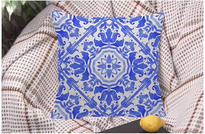 WONDERTIFY Throw Pillow Case Cover Portuguese Azulejo Tiles Talavera Geo Mexican Blue and White Gorgeous Design Soft Linen Pillow Case for Decorative Bedroom/Livingroom/Sofa Cushion Covers 18x18 Inch