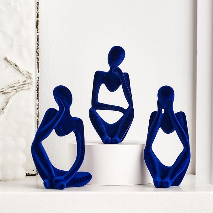 FJS Living Room Decor: Flocked Thinker Statue, 4.7" H Navy Blue Abstract Art Sculpture - Set of 3 for Home, Office, Shelf, Table Decoration