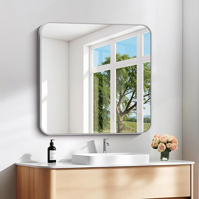 30" x 30"Bathroom Mirror, Silver Wall Mirror with Metal Frame, Decorative Rectangular Vanity Mirror for Bedroom Bathroom Living Room Entryway (Horizontal/Vertical)