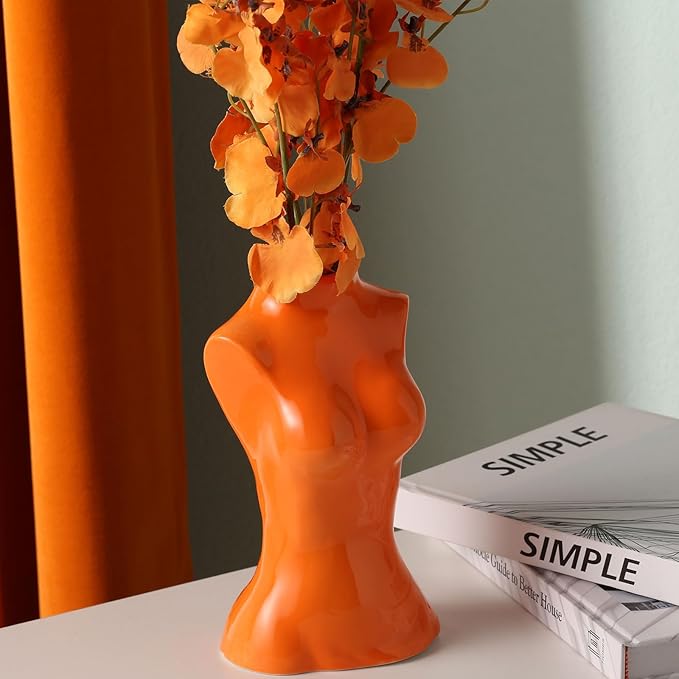 hjn Female Body Vase- Flower Vase for Decor, Orange Decor Vases,Ceramic Vase for Flowers, Modern Art Vase Woman Shape Vase for Living Room/Home Decor Accents/Bookshelf/Mantel-Orange