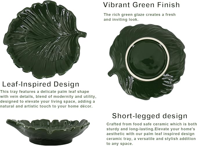 Green Decorative Tray Small Palm Leaf Style for Entryway Table Ceramic Leaf Tray for Kitchen Decor Cocktail Table Decoration