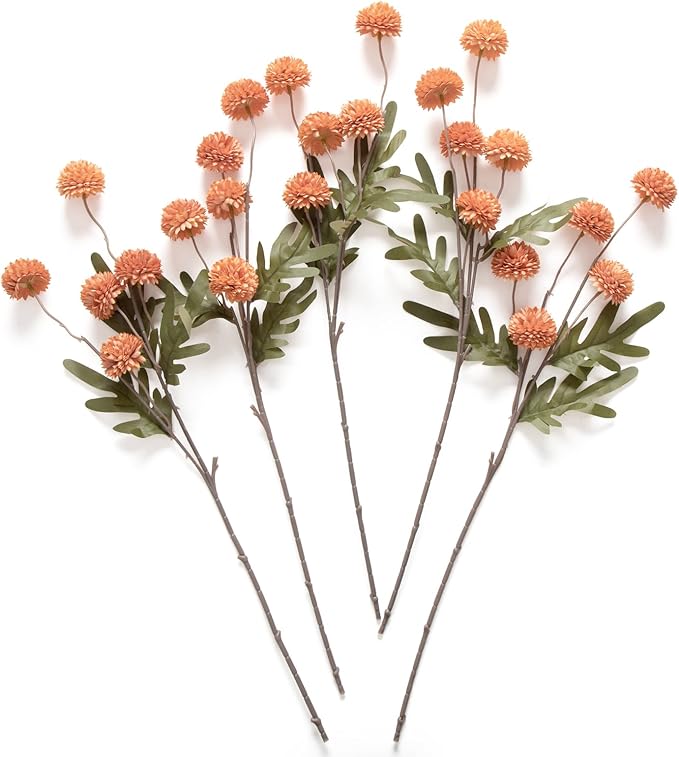 Fall Flowers Artificial Pompon Mum Burnt Orange, 5Pcs Fake Kiku Flowers Silk Small Mini Chrysanthemum Ball Faux Mum Decor for Autumn Filler DIY Bouquet Centerpieces Arrangements Shower(Burnt Orange)