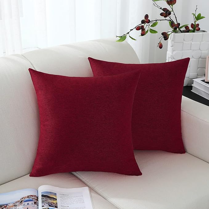 Jeneoo Decorative Burgundy Red Throw Pillow Covers Rustic Farmhouse Square Linen Burlap Soft Comfy Solid Cushion Couch Cases for Sofa Living Room (Set of 2, 18 x 18 Inches)