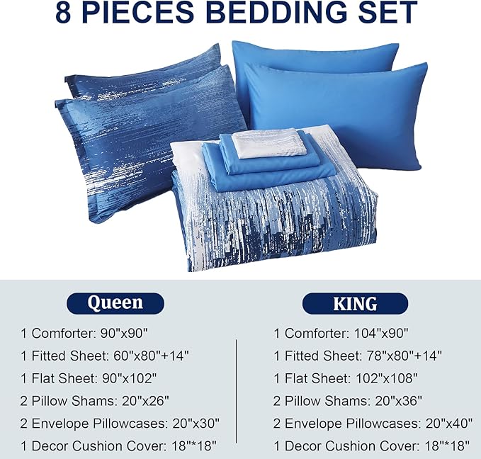 Ombre Blue Comforter Set King Size Reversible Gradient Blue Grey Boho Bedding Set for Men Women 8 Pieces Bed in A Bag Bohemian Bed Set With Comforter, Sheets, Pillowcases & Shams, Cushion Cover