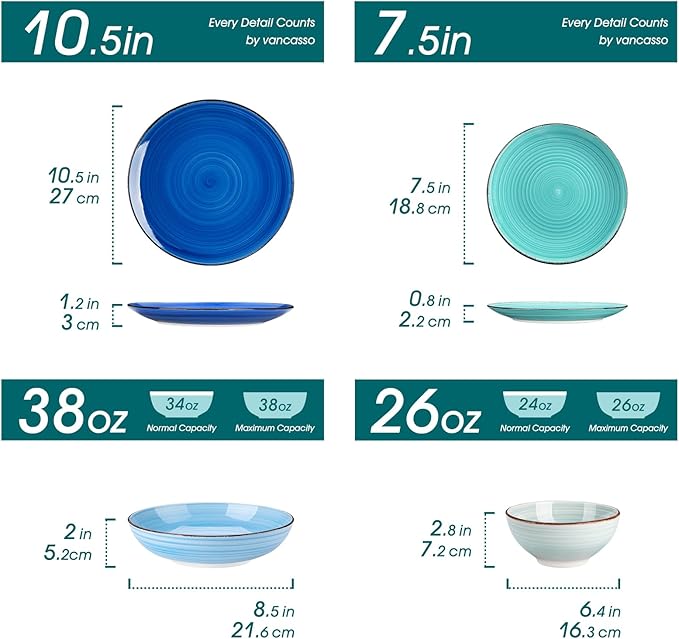 vancasso Bonita Dinnerware Set 24 Pieces Blue Stoneware Service for 6, Handpainted Spirals Pattern Stoneware Combination Set