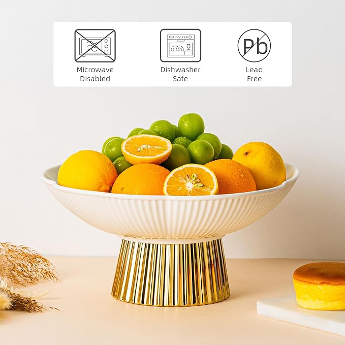 Ceramic Fruit Bowl, 11 Inch Large Table and Tea Coffee Pedestal Tray，Elegant and Practical Bread and Fruit Footed Bowls for Kitchen Counter, Salad or Dessert Display Trays for Parties(White).