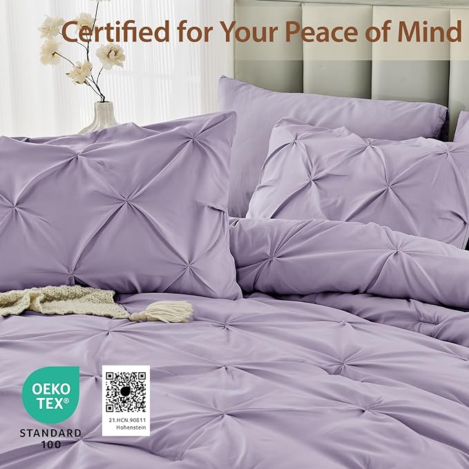 Sasttie Twin XL Comforter Set, 5-Piece Bed in a Bag, Pintuck Bedding Sets for All Season, Includes Comforter, Flat Sheet, Fitted Sheet, Pillowcase and Pillowsham, Lavender