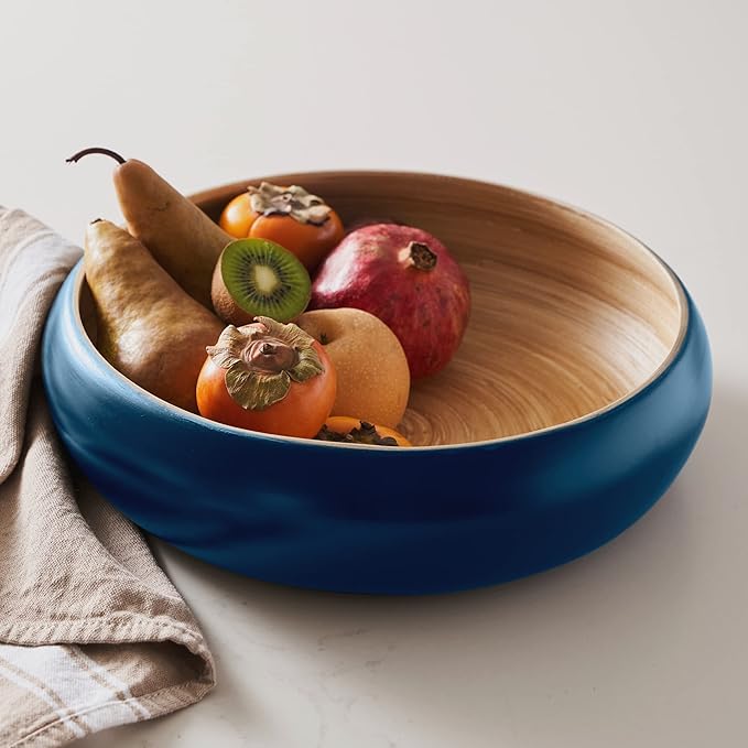 Fruit Bowl For Kitchen Counter, Decorative Bowl, Large Serving Bowl Or Fruit Basket For Kitchen Spun Bamboo (Blue)