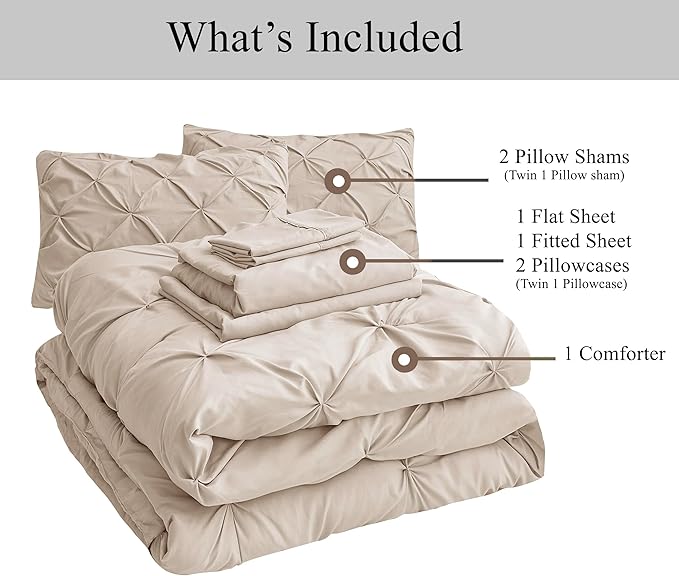 LANE LINEN Queen Comforter Set - 7 Pieces Pintuck Bed in A Bag, Queen Bed Set with Comforters, Sheets, Pillowcases & Shams, Bedding Set - Beige