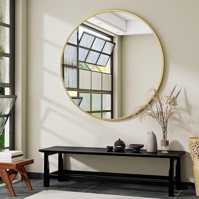 VooBang Large Gold Round Bathroom Mirror, 48 inch Circle Wall Mounted Hanging Mirror with Simple Modern Circular Metal Frame for Hallway, Entryway, Living Room, Gold Frame