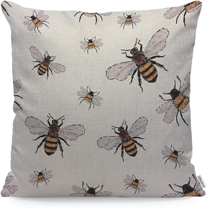 WONDERTIFY Throw Pillow Case Cover Insects Embroidery Big Honey Bee and Small Funny Bee - Soft Linen Pillow Case for Decorative Bedroom/Livingroom/Sofa/Farm House - Cushion Covers 18x18 Inch 45x45 cm