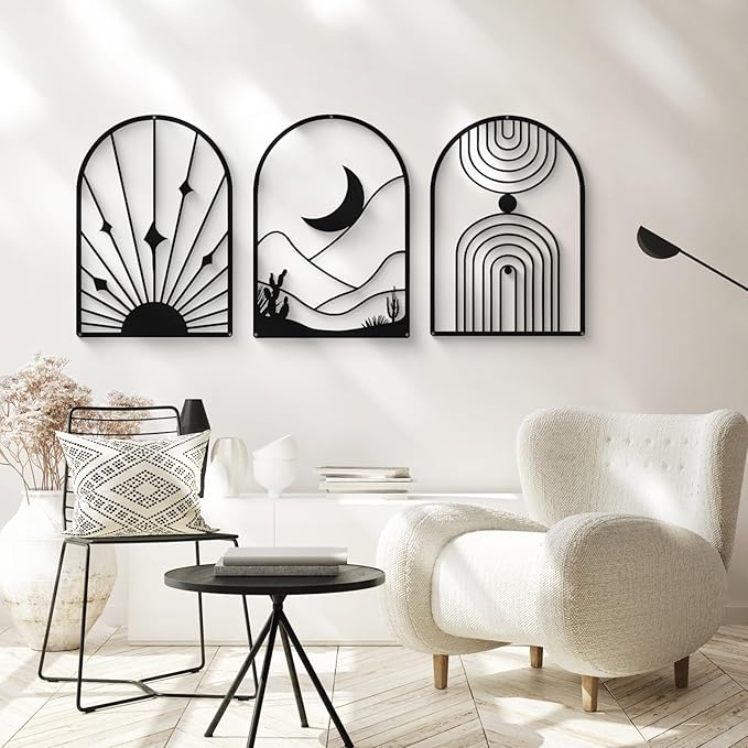 Glamativity 4 Pack Black Abstract Metal Wall Art, Minimalist Décor Single Line Art Wall Décor, 3D Textured Metal Wall Sculptures, for Living Room Bedroom Bathroom Study Room (Black Boho, M Size 17 x 12'')