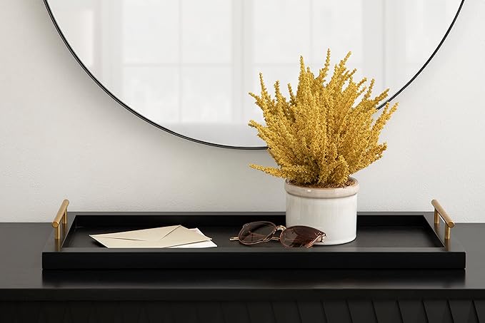 Kate and Laurel Halsey Narrow Rectangle Decorative Wooden Tray with Polished Metal Handles; 24 x 10; Black and Gold; Modern Glam Wood Rectangular Serving Tray for Display or Decoration