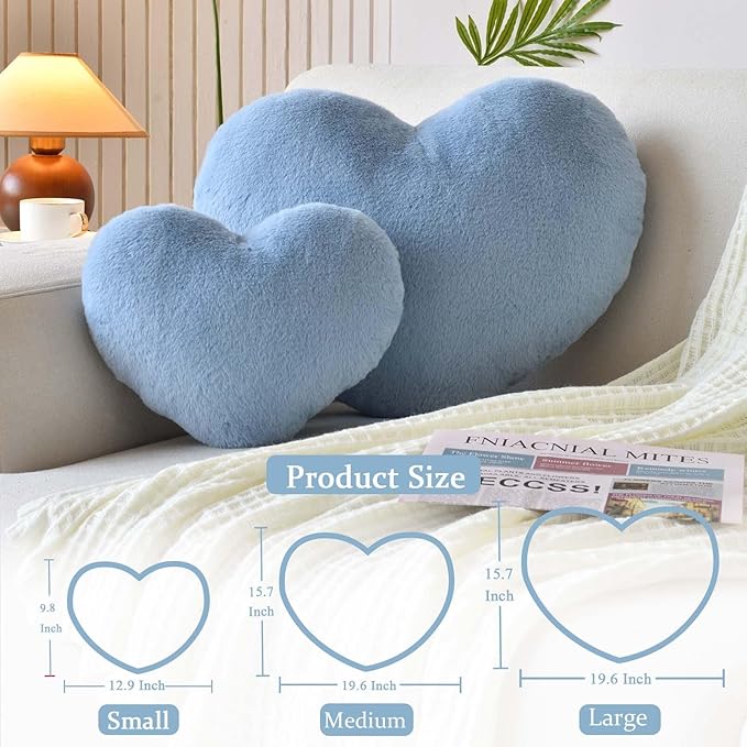 Dusty Blue Heart Pillows, Cute Heart Decorative Pillow, Heart Shaped Throw Pillows for Bed, Faux Rabbit Fur Plush Hoom Decor Pillow Cushion for Chair Sofa Living Room (Medium-15.7"x11.8")