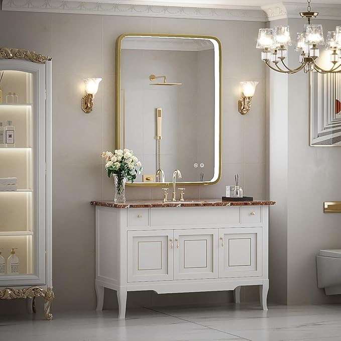 24X32 Inch LED Bathroom Mirror with Lights,Gold Framed Wall Mounted Lighted Vanity Mirrors,Anti Fog Design&Dimmable&Touch Switch,Light up Mirror (Horizontal/Vertical)
