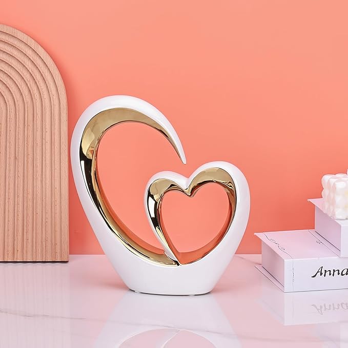 LCCCK Porcelain Double Heart Decor,White and Gold Sculpture Home Decor for Living Room Entryway Coffee Dining Table Shelves, Wedding Anniversary, Valentine's Gift for Couples & Lovers Modern