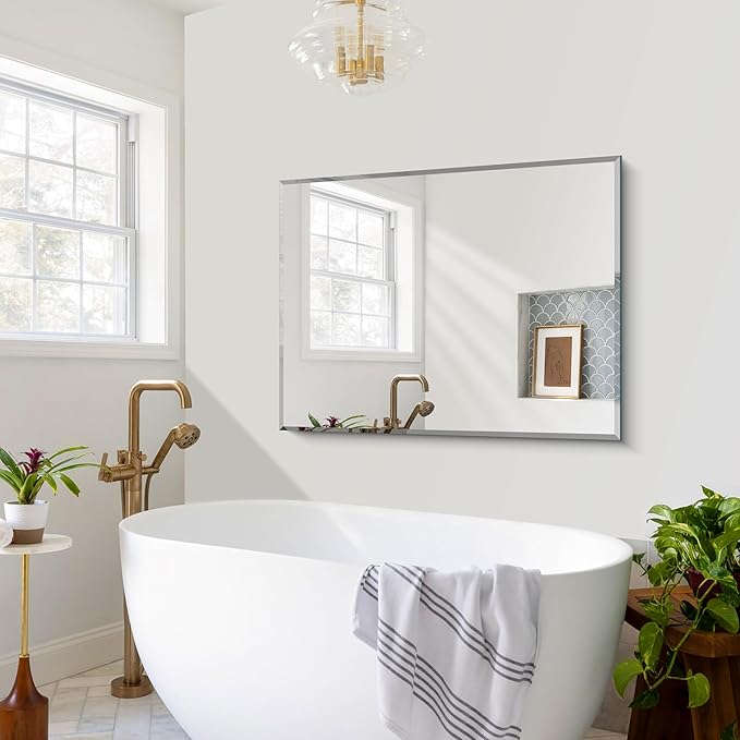 Beveled Bathroom Mirror, 30x40 Large Frameless Mirrors for Over Sink, Upgraded Shatterproof Beveled Frameless Vanity Mirror for Bathroom,Bedroom,Living Room and Entryway